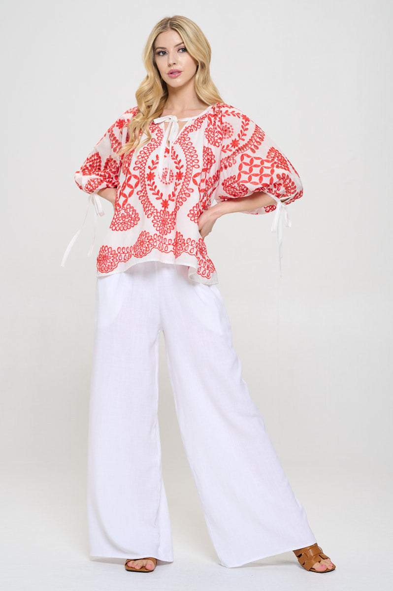 Embroidered Cotton V neck Half Puff Sleeve Top with Tie-4