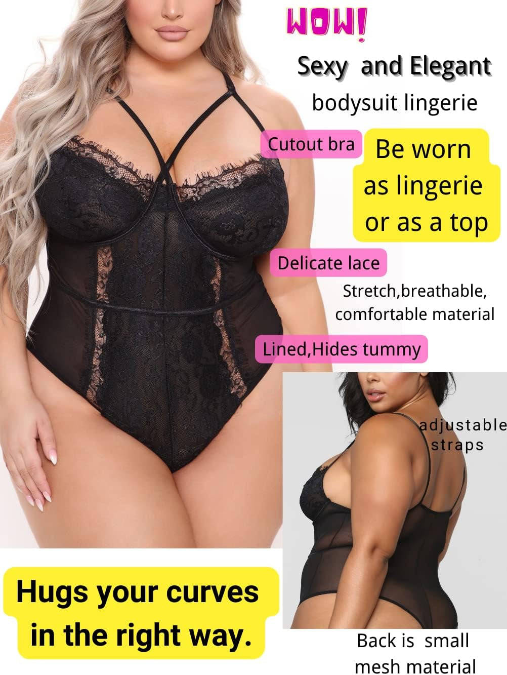 plus Size Lingerie for Women,Sheer Lace Sexy V Neck Bodysuit,Eyelash One Piece Floral Teddy Valentine