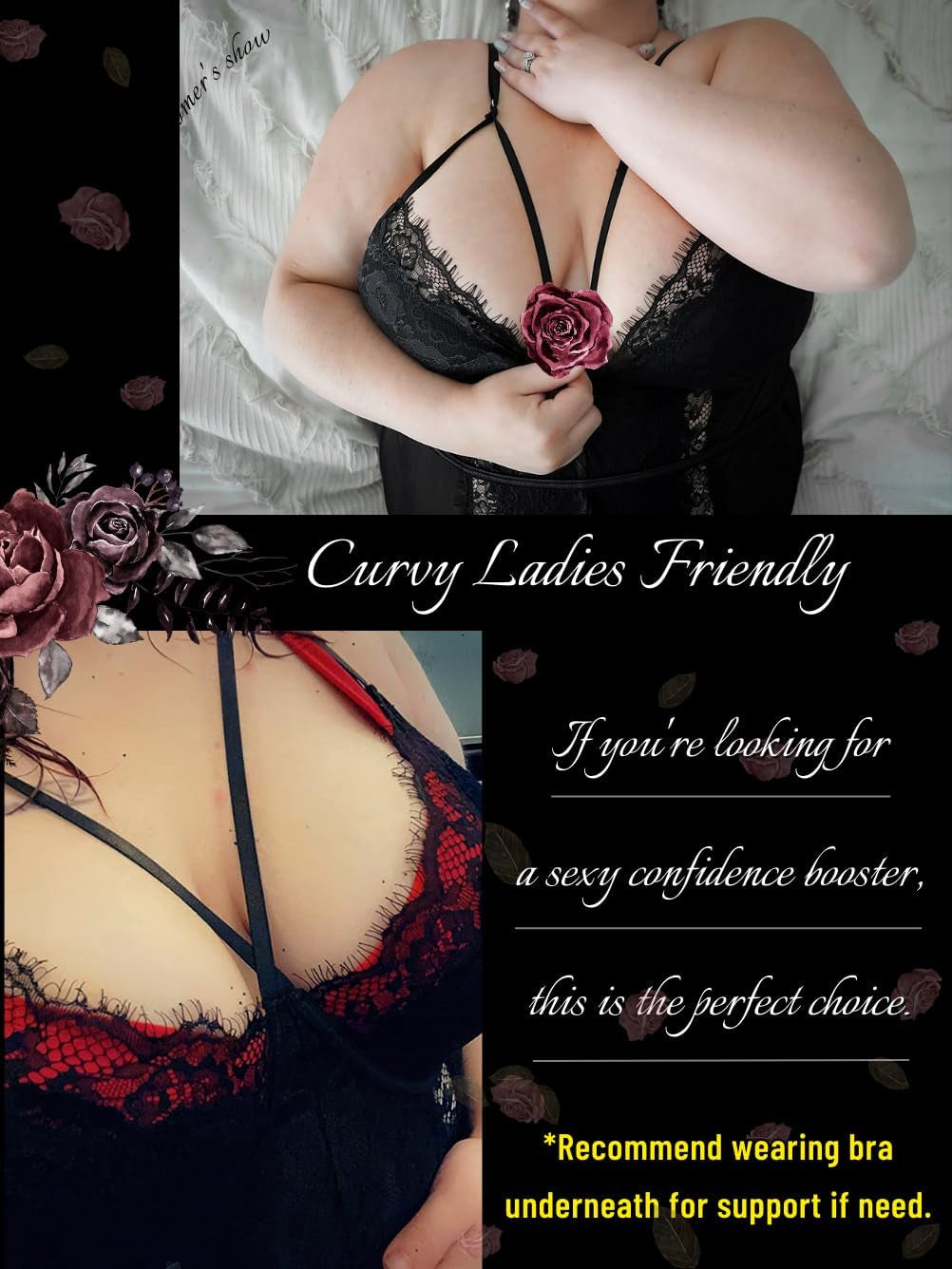 plus Size Lingerie for Women,Sheer Lace Sexy V Neck Bodysuit,Eyelash One Piece Floral Teddy Valentine