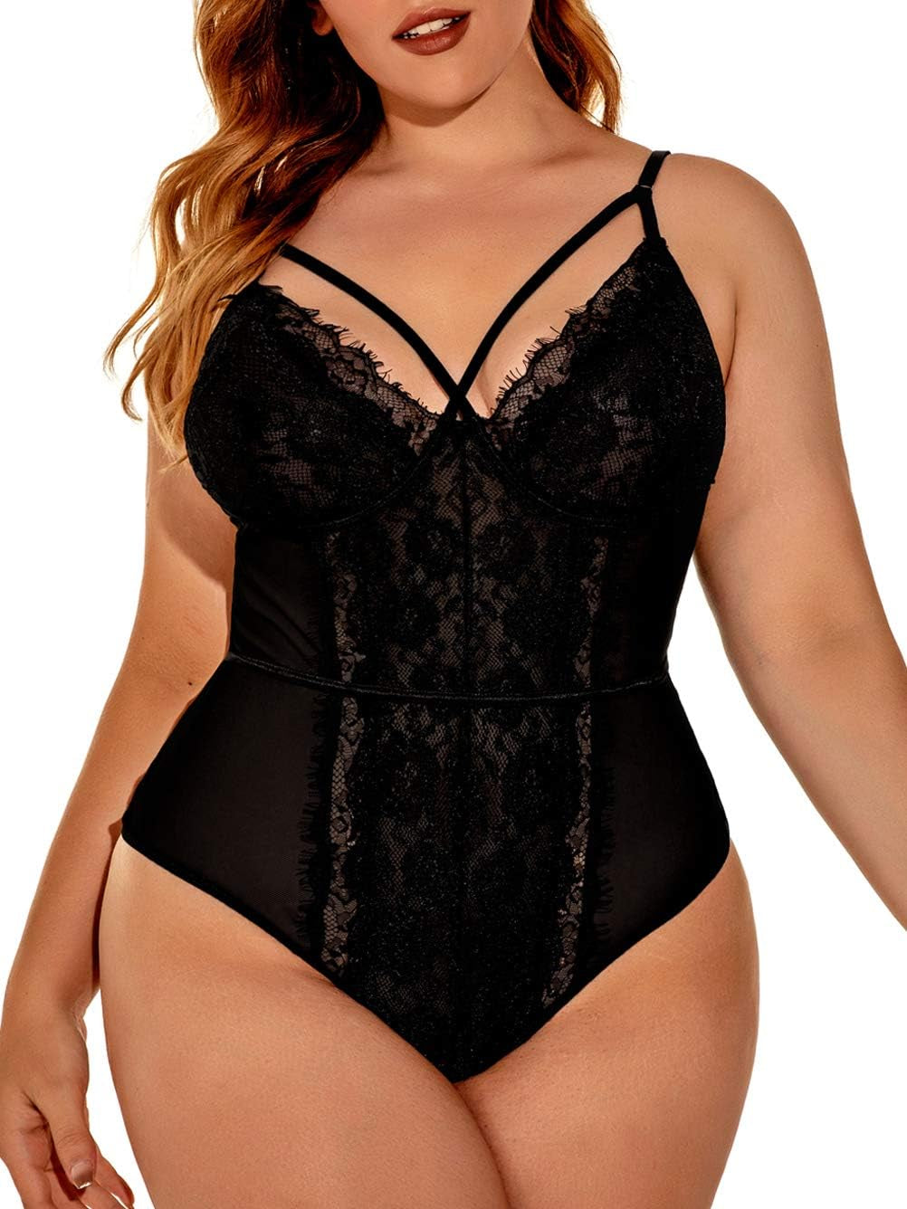 plus Size Lingerie for Women,Sheer Lace Sexy V Neck Bodysuit,Eyelash One Piece Floral Teddy Valentine