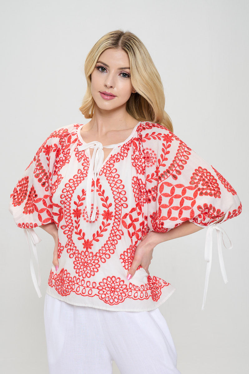 Embroidered Cotton V neck Half Puff Sleeve Top with Tie-1
