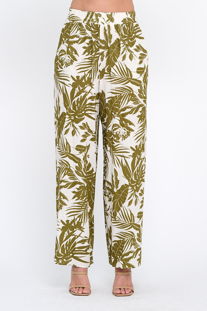 Linen Tropical Print Pants with Pockets and Elastic Waistband-0