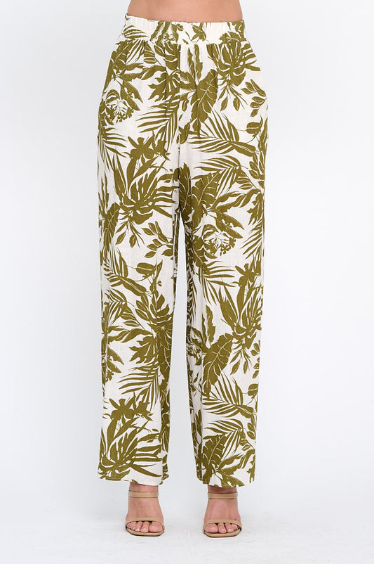 Linen Tropical Print Pants with Pockets and Elastic Waistband-0
