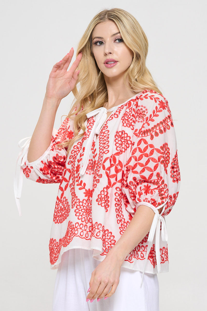 Embroidered Cotton V neck Half Puff Sleeve Top with Tie-2