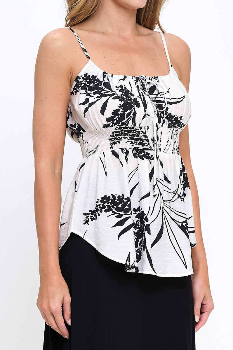 Leaf Print Spaghetti Strap Top with Smock Detail-2