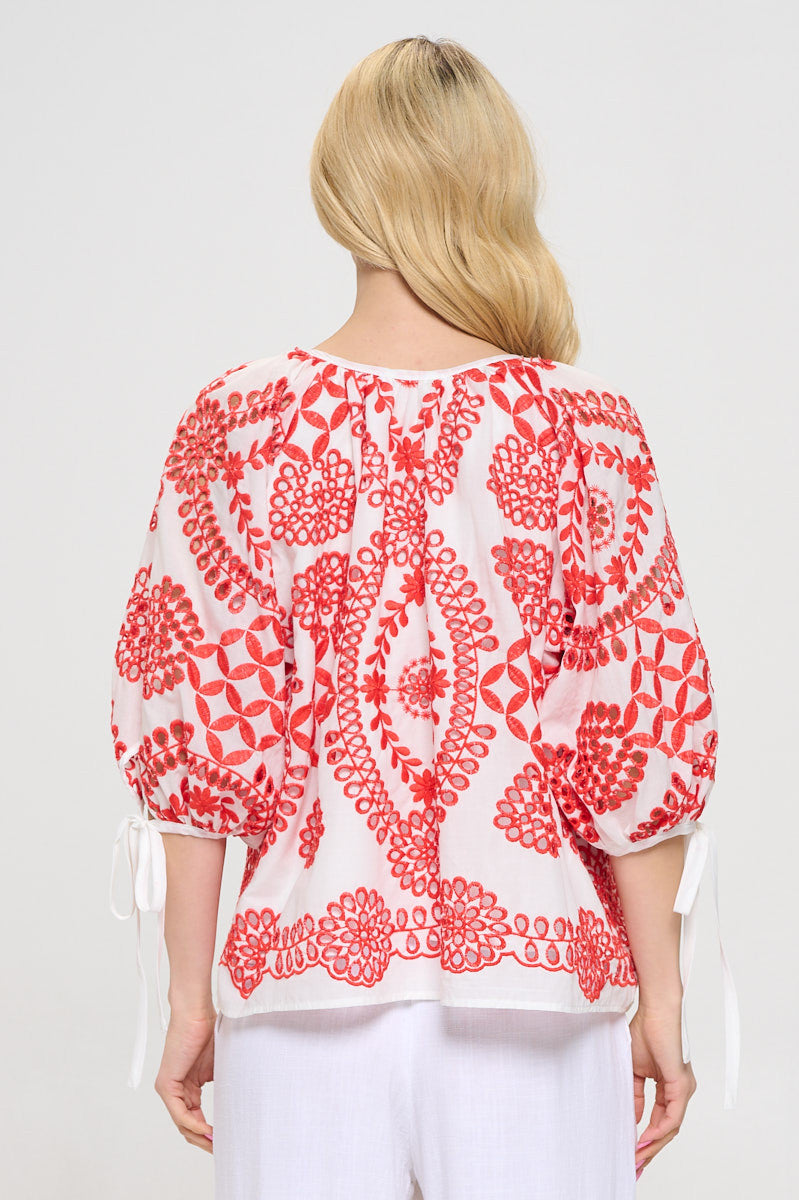 Embroidered Cotton V neck Half Puff Sleeve Top with Tie-3