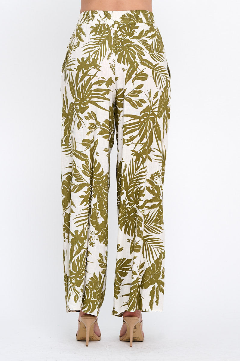 Linen Tropical Print Pants with Pockets and Elastic Waistband-3
