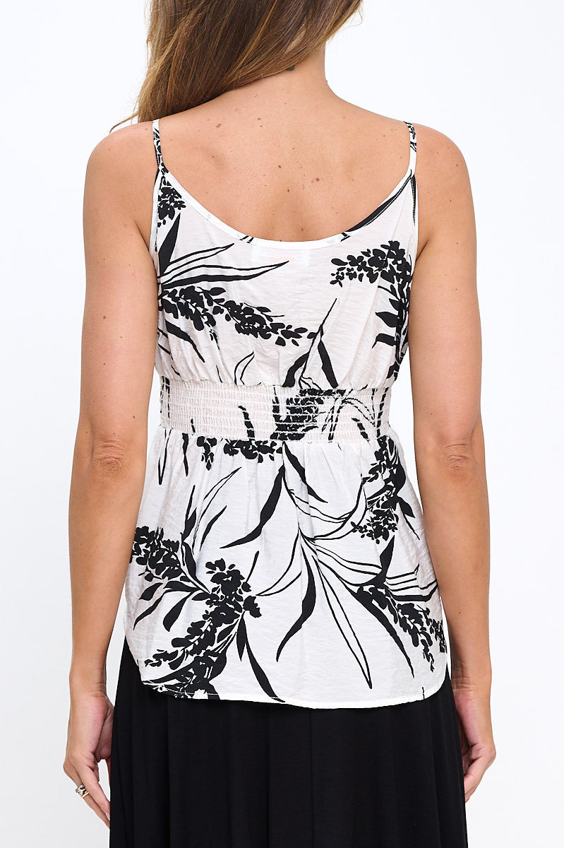 Leaf Print Spaghetti Strap Top with Smock Detail-3