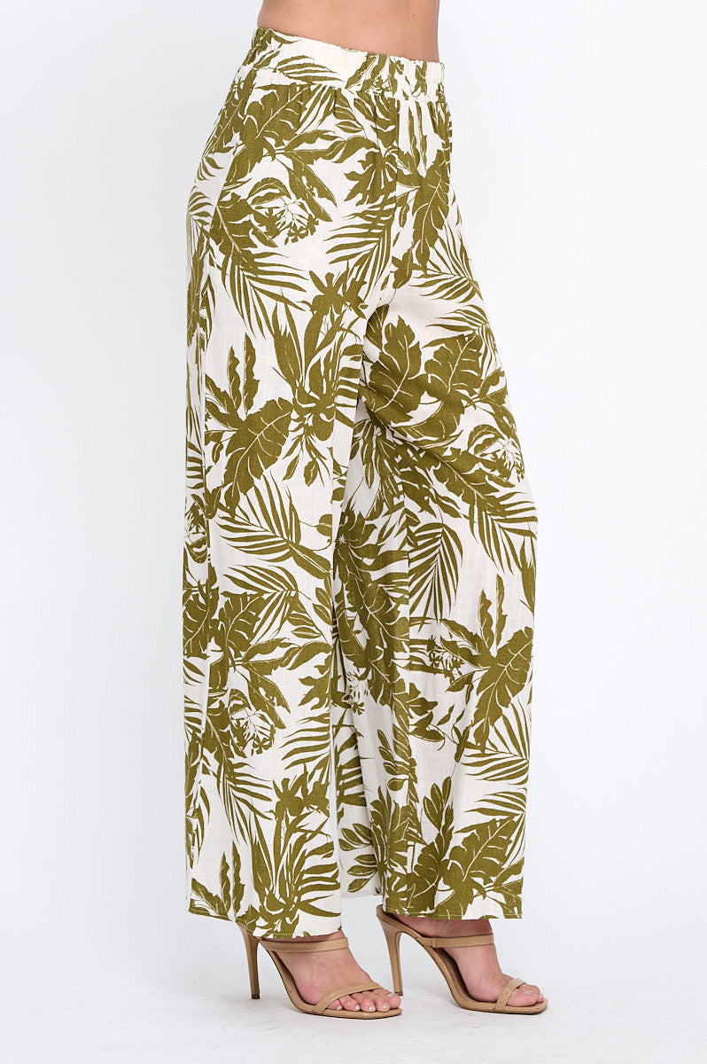 Linen Tropical Print Pants with Pockets and Elastic Waistband-1
