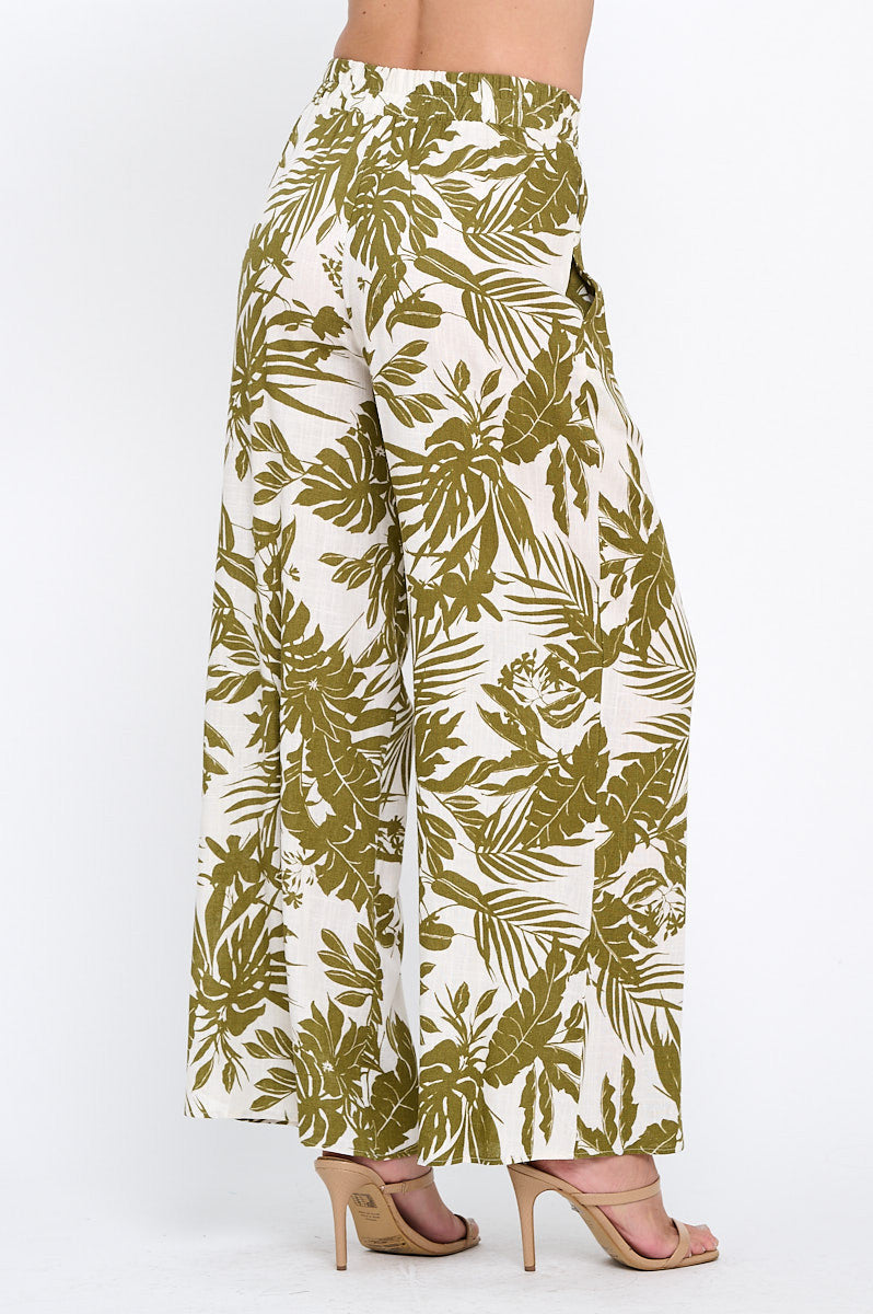 Linen Tropical Print Pants with Pockets and Elastic Waistband-2